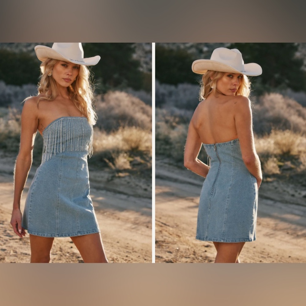 NWOT 12th Tribe Rylie Strapless Rhinestone Fringe Denim Mini Dress